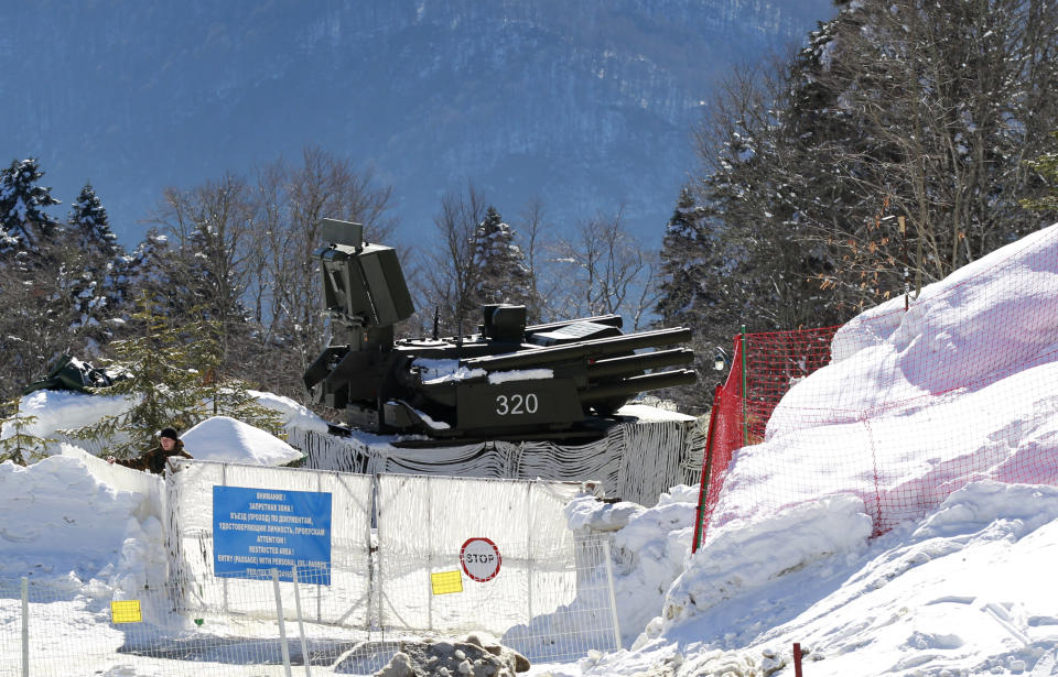 FILE - An anti-aircraft missile base sits outside the cross-country skiing venue in Krasnaya Polyana, Russia, on Thursday, Feb. 6, 2014, prior to the start of the 2014 Sochi Olympics. Fears of possible attacks loomed over the Sochi Games but didn't materialize amid sweeping security measures. (AP Photo, File)