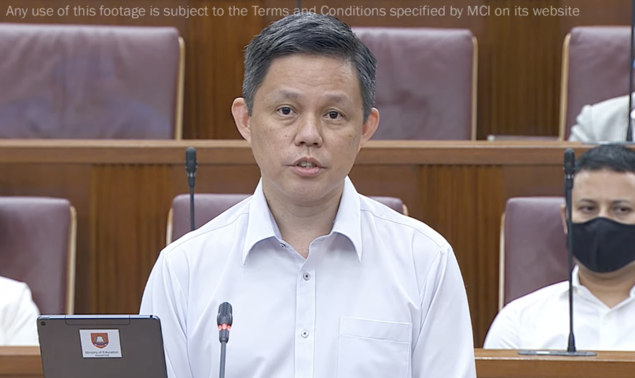 Education Minister Chan Chun Sing delivering his Ministerial Statement on the River Valley High School incident in Parliament on 27 July 2021. (SCREENSHOT: Ministry of Communications and Information/YouTube)