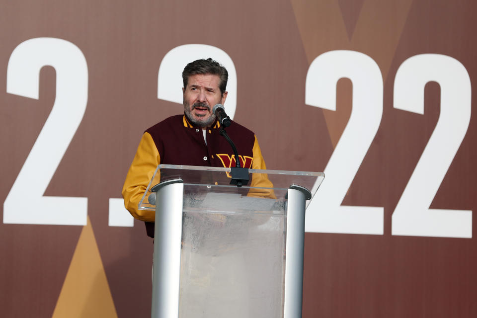 Team co-owner Dan Snyder speaks during the announcement of the Washington Football Team's name change to the Washington Commanders at FedExField on Feb. 2, 2022. (Photo by Rob Carr/Getty Images)