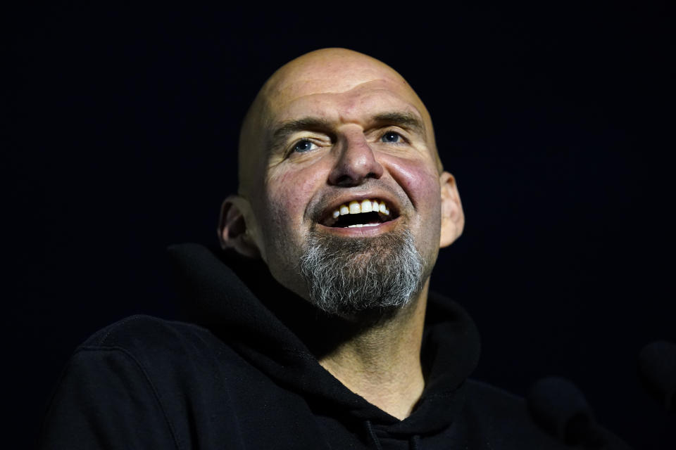 FILE - Pennsylvania Lt. Gov. John Fetterman speaks during a campaign event in Newtown, Pa., Sunday, Nov. 6, 2022. When Fetterman goes to Washington in January, one of the Senate's new members will bring along an irreverent style from Pennsylvania that extends from his own personal dress code — super casual — to hanging marijuana flags outside his current office in Pennsylvania's state Capitol. (AP Photo/Matt Rourke, File)