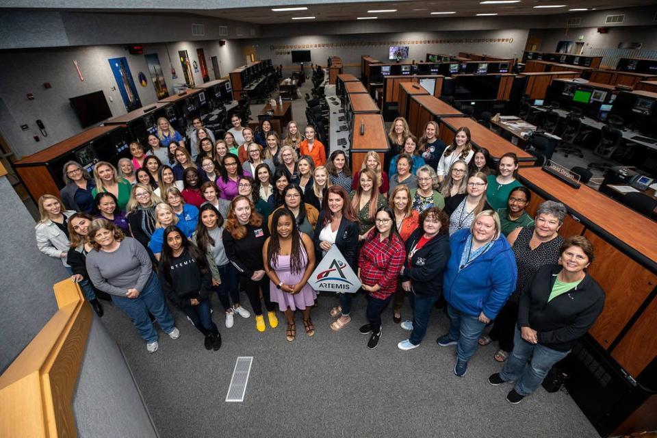 The women who comprise the Artemis launch team are photographed inside Firing Room 1 of the Launch Control Center at NASA’s Kennedy Space Center in Florida on Feb. 10, 2023. In the center, holding the Artemis mission logo, is NASA’s first female Launch Director Charlie Blackwell-Thompson. The team, which is about 30% women, launched the agency’s Artemis I mission – the first in an increasingly complex series of missions to return humans to the Moon – from Kennedy’s Launch Pad 39B on Nov. 16, 2022.