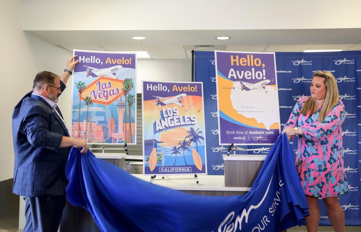Mayor Chris Hoy and Courtney Goff, spokeswoman for Avelo, on Thursday unveils Avelo Airlines' plan to have commercial flights to Hollywood Burbank Airport in the Los Angeles area and to Las Vegas from Salem Airport starting in October.