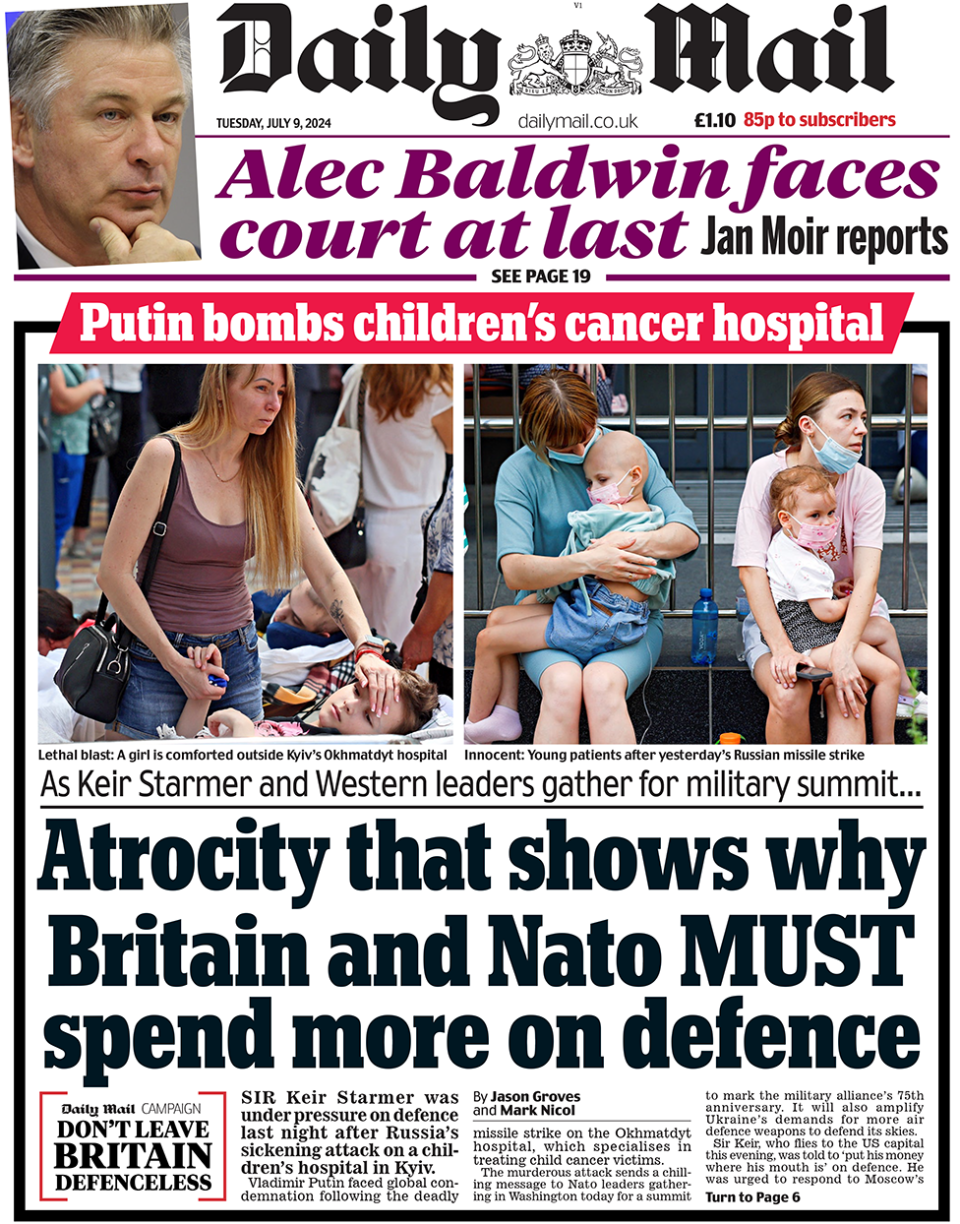 Front page of the Daily Mail, which leads on defence spending 