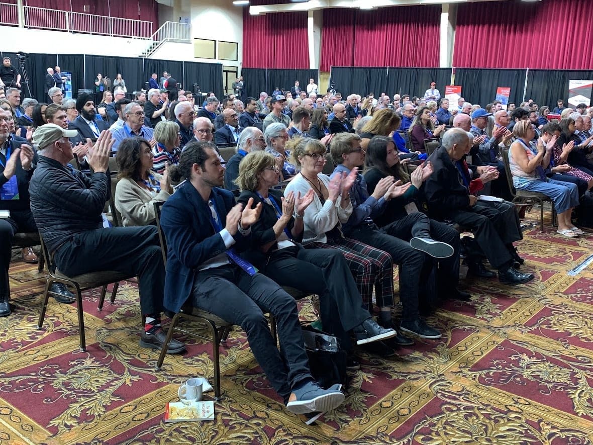 People gathered in Red Deer Saturday for a conservative conference.  (Axel Tardieu/CBC - image credit)