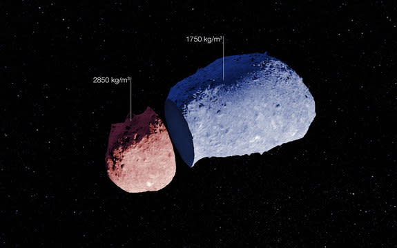 Measurements taken by ESO’s New Technology Telescope combined with a model of asteroid Itokawa's surface topography reveal that different parts of this asteroid have different densities. The shape model used for this view is based on the images