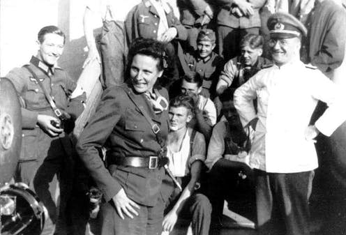 <span class="caption">Leni Riefenstahl as war correspondent in Poland 1939, wearing a Wehrmacht uniform.</span> <span class="attribution"><a class="link " href="https://commons.wikimedia.org/wiki/File:Bundesarchiv_Bild_146-2004-0022,_Polen,_Truppenbesuch_von_Leni_Riefenstahl.jpg" rel="nofollow noopener" target="_blank" data-ylk="slk:German Federal Archives;elm:context_link;itc:0;sec:content-canvas">German Federal Archives</a></span>