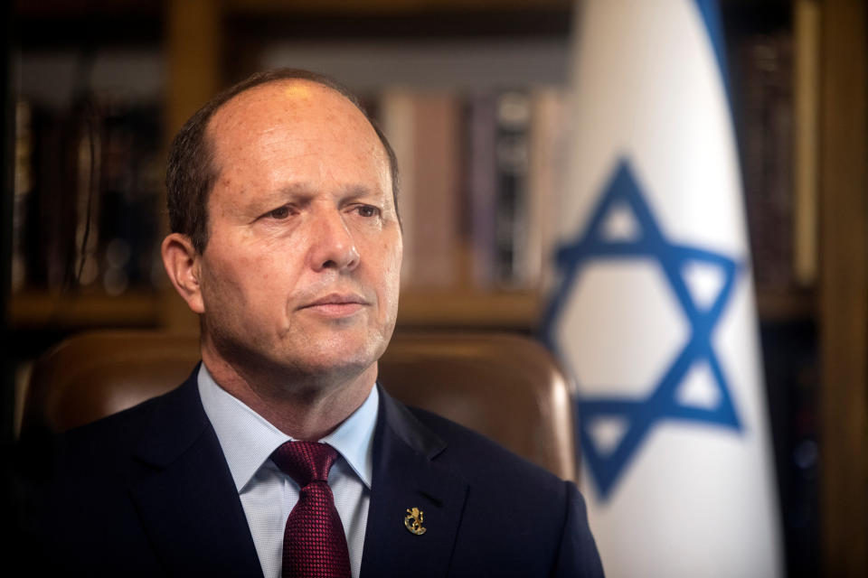 Former Jerusalem Mayor and Knesset member Nir Barkat speaks to Reuters in Jerusalem (Nir Elias / Reuters file)