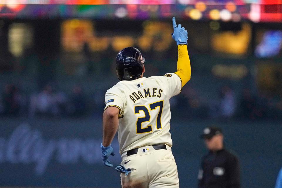 Milwaukee Brewers shortstop Willy Adames (27) celebrates after hitting a home run during the fourth inning against the Toronto Blue Jays at American Family Field on June 10, 2024.