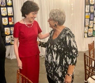 Sen. Susan Collins, left, chats with Rotarian Rosemary Guptill during the Sanford-Springvale Rotary Club's 100th anniversary celebration at Sanford Seacoast Regional Airport on Sept. 16, 2023. Collins, an honorary Rotarian, was the club's special guest that evening.
