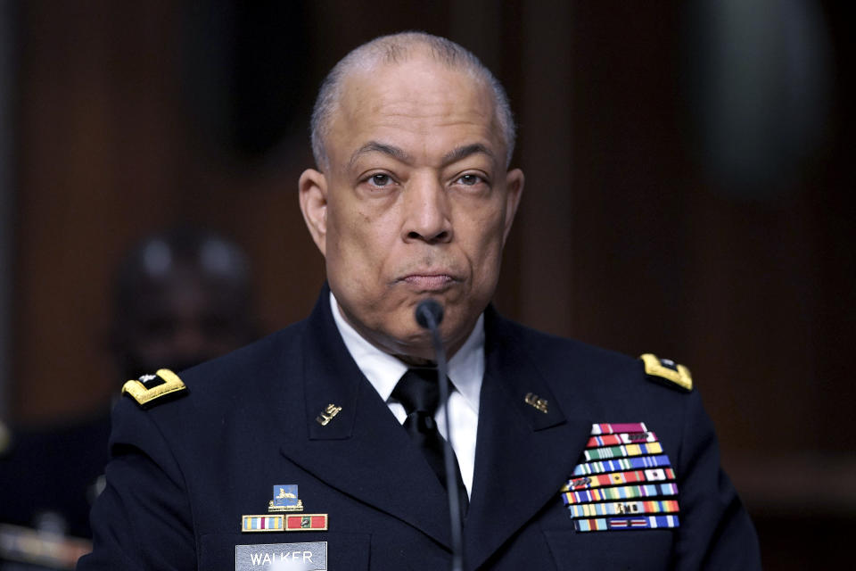 Army Maj. Gen. William Walker, Commanding General of the District of Columbia National Guard listens during a Senate Committee on Homeland Security and Governmental Affairs and Senate Committee on Rules and Administration joint hearing Wednesday, March 3, 2021, examining the January 6, attack on the U.S. Capitol in Washington. (Greg Nash/Pool via AP)