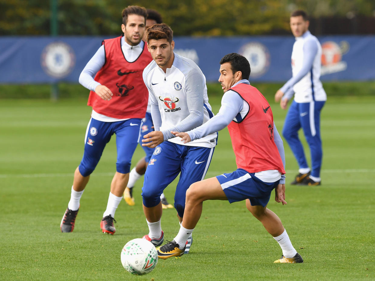 Alvaro Morata in training with his Chelsea teammates earlier this week: Getty