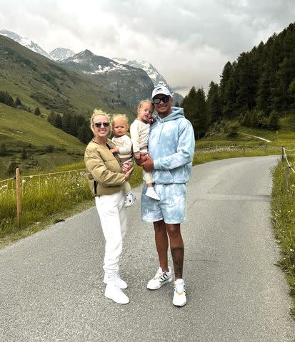 <p>Brittany Mahomes/Instagram</p> Brittany and Patrick Mahomes with Bronze and Sterling in Switzerland