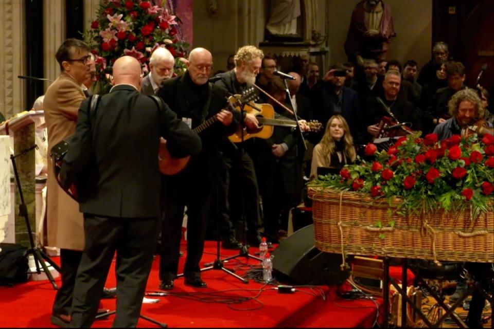 MacGowan’s former bandmates in The Pogues perform: Jem Finer, Terry Woods, Spider Stacy and James Fearnley (Pogues livestream)