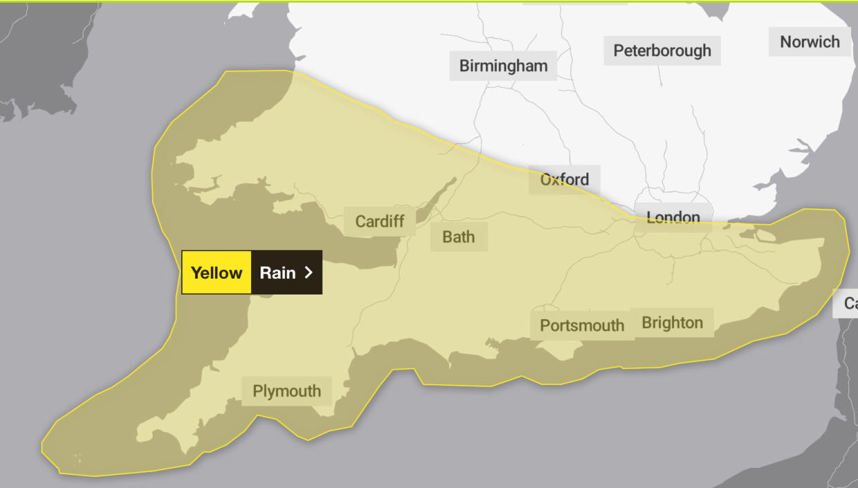 The south of England and parts of Wales are set to be hit by heavy rain on Wednesday evening into Thursday. (Met Office)