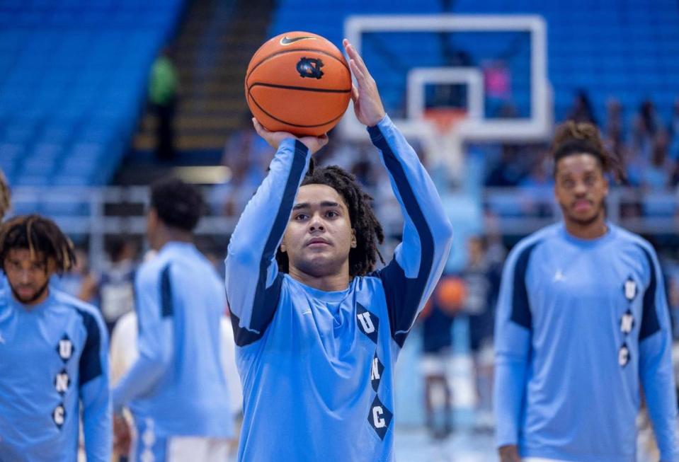 North Carolina’s Elliott Cadeau (2) works on his free throw shooting form prior to the Tar Heels’ exhibition game against St. Augustine’s on Friday, October 27, 2023 at the Smith Center in Chapel Hill, N.C.