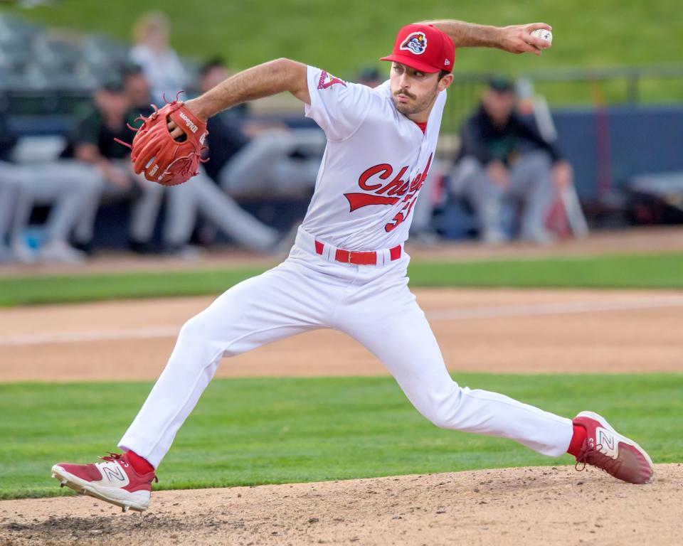 Peoria Chiefs pitcher Cooper Hjerpe throws against Dayton on Tuesday, May 9, 2023 at Dozer Park in Peoria.