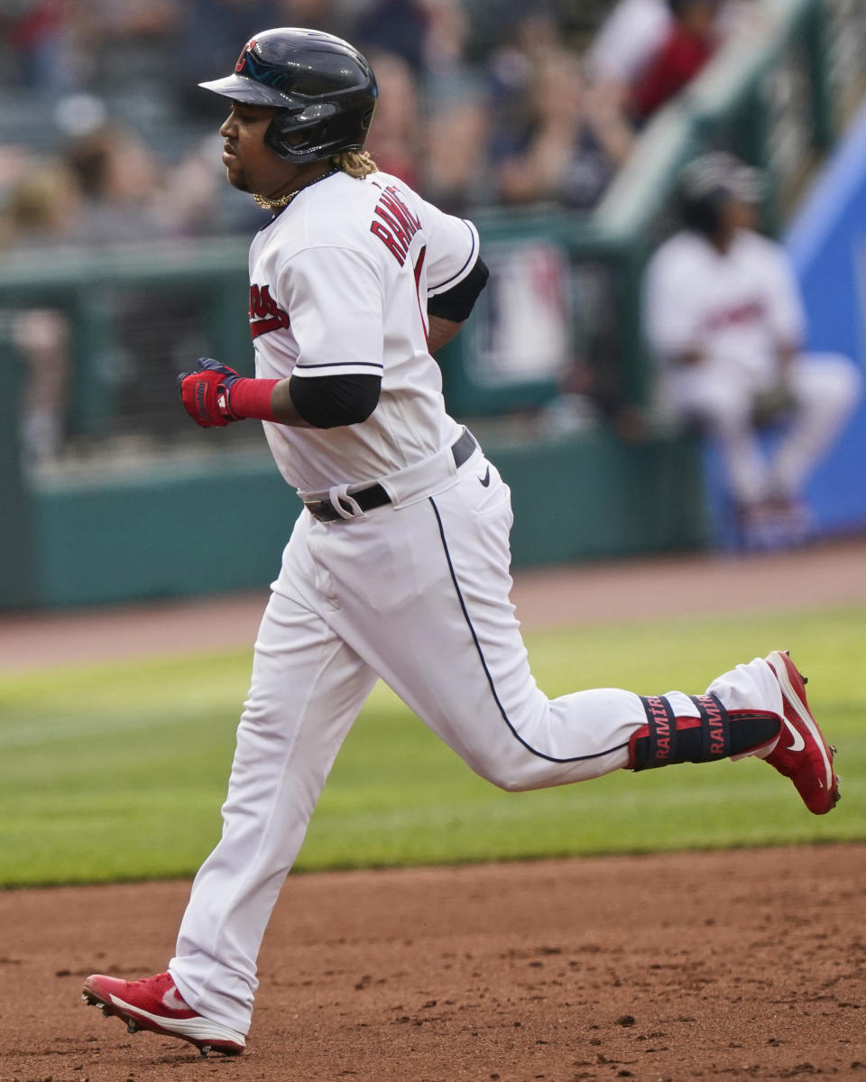 Cleveland Indians' Jose Ramirez runs the bases after hitting a solo home run during the first inning of the team's baseball game against the Baltimore Orioles, Wednesday, June 16, 2021, in Cleveland. (AP Photo/Tony Dejak)