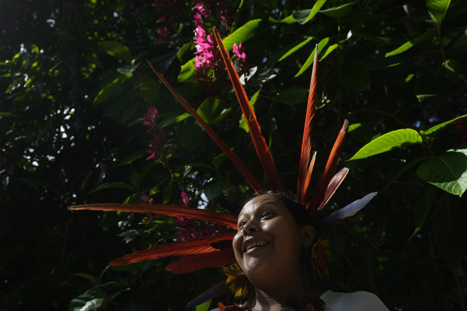 Indigenous leader Diolina Krikati speaks where Indigenous people gather for the Amazon Summit in Park dos Igarapes in Belem, Brazil, Monday, Aug. 7, 2023. Belem will host the Amazon Summit, a meeting by the nations that are part of the Amazon Cooperation Treaty: Brazil, Bolivia, Colombia, Guyana, Ecuador, Peru, Suriname, Venezuela and French Guiana. (AP Photo/Eraldo Peres)