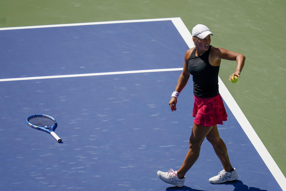 Yulia Putintseva, of Kazakhstan, reacts during a match against Petra Martic, of Croatia, during the fourth round of the US Open tennis championships, Sunday, Sept. 6, 2020, in New York. (AP Photo/Seth Wenig)