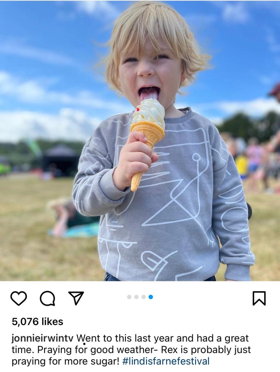 Jonnie Irwin shared some adorable pictures from Lindisfarne festival last year, including this one of son Rex eating an ice cream (Instagram)