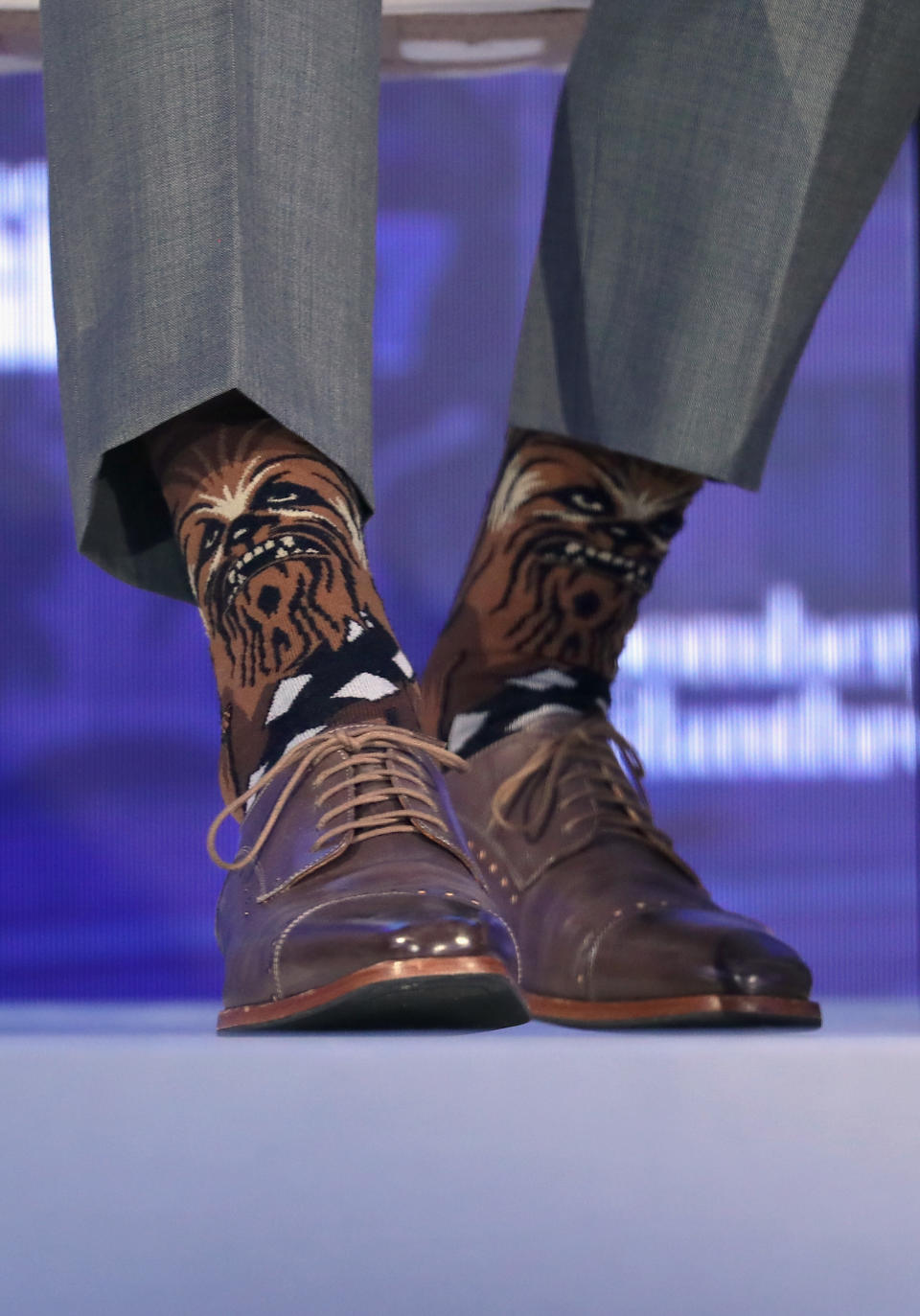 <p>Trudeau wore Chewbacca socks for Bloomberg's inaugural Bloomberg Global Business Forum in New York on September 19, and former <em>Star Trek </em>star William Shatner felt betrayed: "@JustinTrudeau I thought we were friends? Chewbacca socks?,"<a rel="nofollow noopener" href="https://twitter.com/WilliamShatner/status/910546825559470080" target="_blank" data-ylk="slk:Shatner tweeted;elm:context_link;itc:0;sec:content-canvas" class="link "> Shatner tweeted</a>. (Trudeau revealed his <em>Star Wars</em> allegiance when he <a rel="nofollow noopener" href="https://www.nytimes.com/2017/05/05/fashion/justin-trudeau-star-wars-socks.html?mcubz=1" target="_blank" data-ylk="slk:wore R2D2 and C3PO socks during an appearance with Irish Prime Minister Enda Kenny in May;elm:context_link;itc:0;sec:content-canvas" class="link ">wore R2D2 and C3PO socks during an appearance with Irish Prime Minister Enda Kenny in May</a>.)</p>