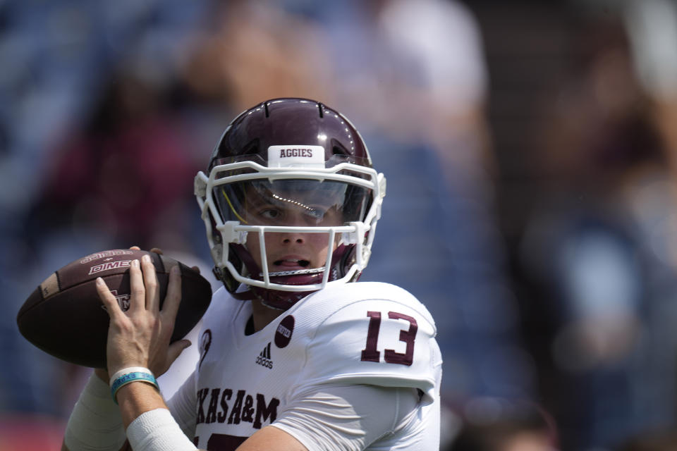 Texas A&M quarterback Haynes King (13) before the first half of an NCAA college football game Saturday, Sept. 11, 2021, in Denver. (AP Photo/David Zalubowski)