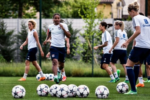 Lyon players train ahead of the Champions League final against Wolfsburg