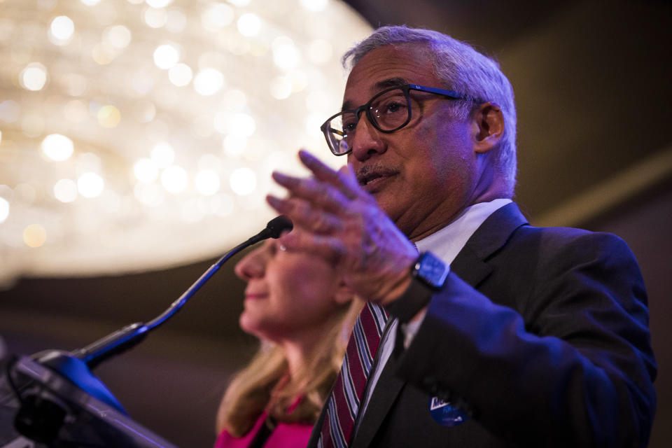 Congressman Bobby Scott D-Virginia introduces Congresswoman-elect Jennifer McClellan at her election party after winning the Virginia's 4th Congressional District, Tuesday, Feb. 21, 2023, in Richmond, Va. Virginia voters on Tuesday elected McClellan, a veteran state legislator from Richmond, to fill an open seat in the U.S. House of Representatives, where she will make history as the first Black woman to represent the state in Congress. (AP Photo/John C. Clark)