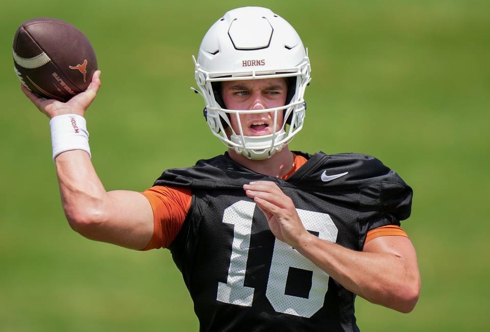 Texas Longhorns Arch Manning, 16, during the first fall football camp practice for the Texas Longhorns at Denius Fields on Wednesday, July 31, 2024.