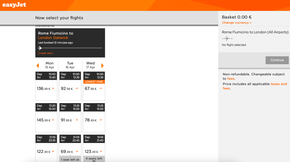 A screenshot of flight times and prices on the easyJet website