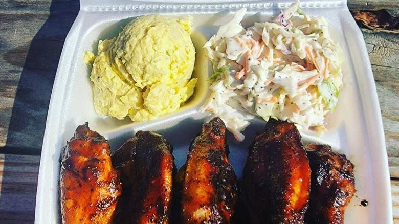 Potatoes, coleslaw, wings, Dave's BBQ