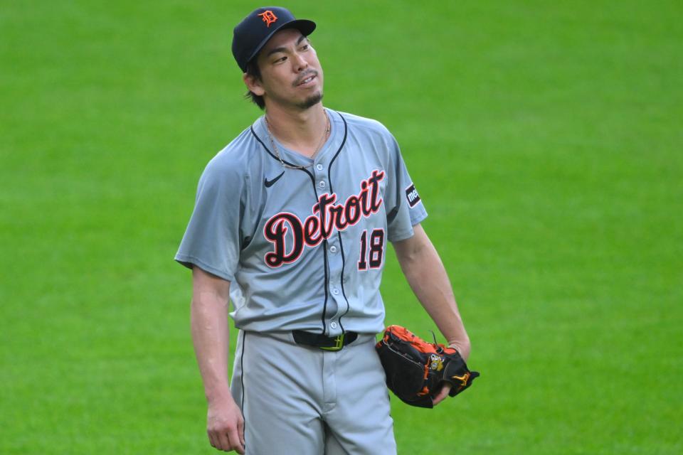 Detroit Tigers starting pitcher Kenta Maeda (18) reacts in the second inning against the Cleveland Guardians at Progressive Field in Cleveland on Tuesday, May 7, 2024.