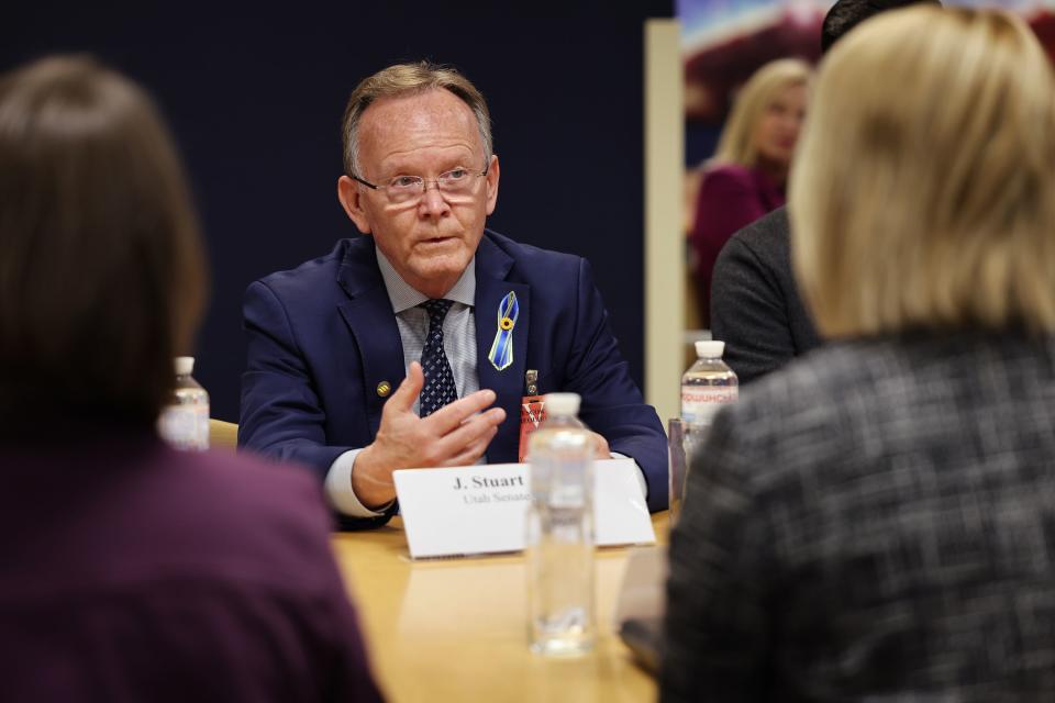 Senate President Sen. Stuart Adams, R-Layton, speaks with U.S. Ambassador to Ukraine Bridget A. Brink during a meeting with members of the Utah trade delegation at the embassy in Kyiv, Ukraine, on Tuesday, May 2, 2023. | Scott G Winterton, Deseret News