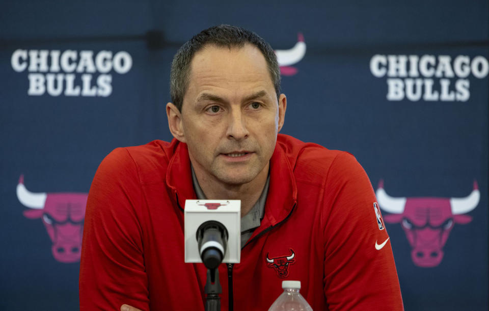 Arturas Karnisovas, Chicago Bulls executive vice president of basketball operations, speaks during a news conference at the Advocate Center on June 27, 2022, in Chicago. (Brian Cassella/Chicago Tribune/Tribune News Service via Getty Images)