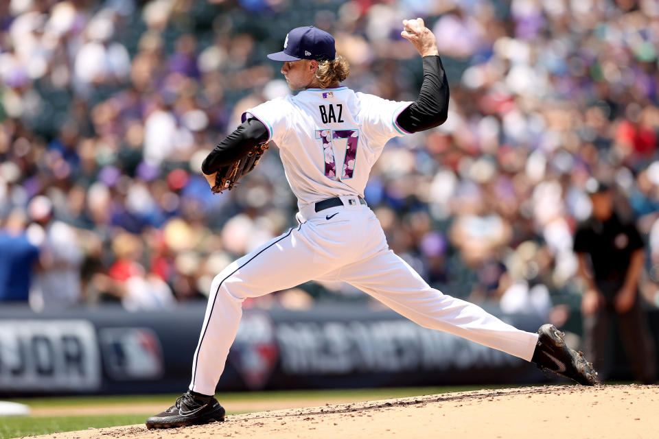 DENVER, COLORADO - JULY 11: Shane Baz #17 of the American League team throws against the National League team during the All-Star Futures Game at Coors Field on July 11, 2021 in Denver, Colorado. (Photo by Matthew Stockman/Getty Images)