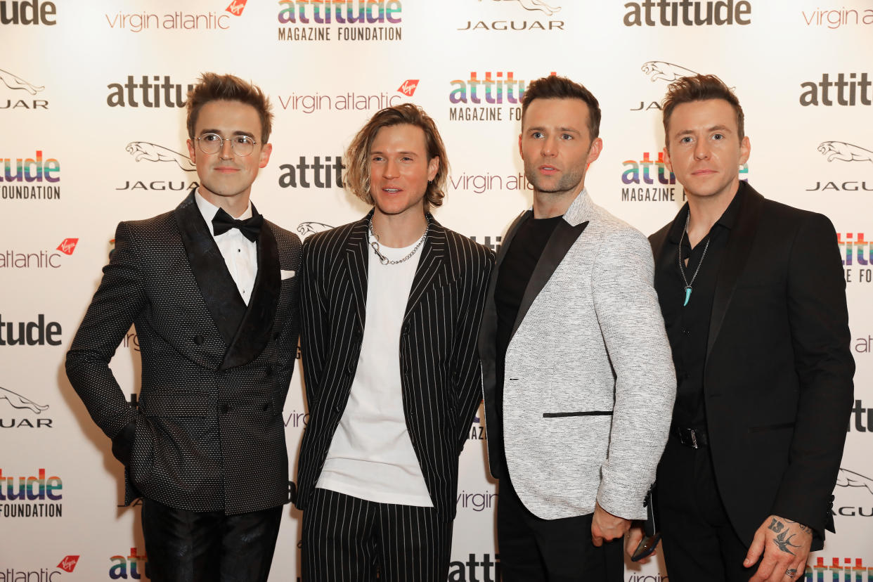 LONDON, ENGLAND - OCTOBER 09: : (L-R) Tom Fletcher, Dougie Poynter, Harry Judd and Danny Jones of McFly attend the Virgin Atlantic Attitude Awards 2019 at The Roundhouse on October 09, 2019 in London, England. (Photo by David M. Benett/Dave Benett/Getty Images)