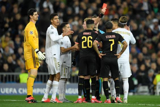 Sergio Ramos was sent off against Man City in the first leg (AFP via Getty Images)