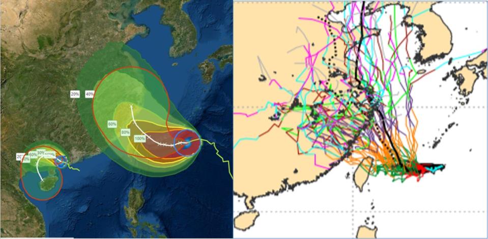 最新中央氣象局「暴風侵襲機率」及「路徑潛勢預測」圖（左）顯示，中颱「烟花」朝台灣接近中，預測路徑略往右調整，不再觸及北部陸地，暴風圈侵襲機率略降；紅框範圍仍很大。最新歐洲系集模式51次的路徑模擬（右圖）亦顯示類似的結果。

