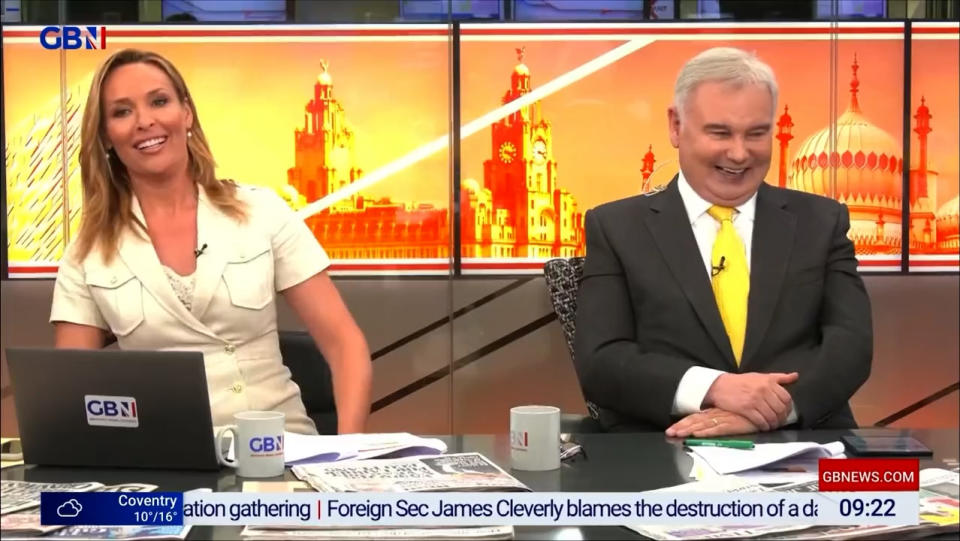 GB News hosts Eamonn Holmes and Isabel Webster were caught unawares swearing live on air when cameras cut to them during a break.