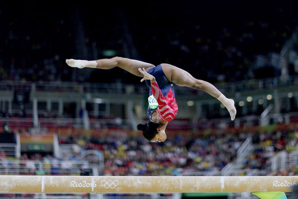 Gabby Douglas performs on the balance beam at the Rio Olympics in 2016. (Tim Clayton / Corbis via Getty Images file)