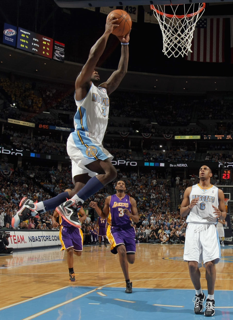 DENVER, CO - MAY 04: Ty Lawson #3 of the Denver Nuggets lays up a shot against the Los Angeles Lakers in Game Three of the Western Conference Quarterfinals in the 2012 NBA Playoffs at Pepsi Center on May 4, 2012 in Denver, Colorado. NOTE TO USER: User expressly acknowledges and agrees that, by downloading and or using this photograph, User is consenting to the terms and conditions of the Getty Images License Agreement. (Photo by Doug Pensinger/Getty Images)