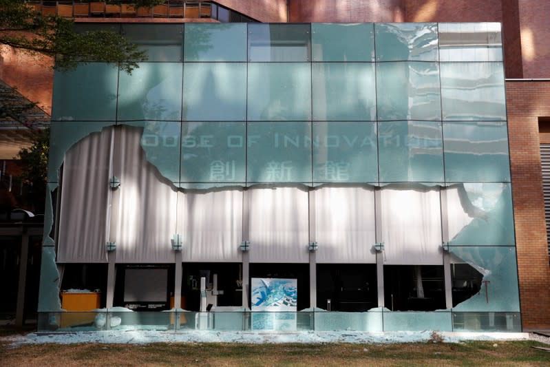 A shattered glass frontage of a building in Hong Kong Polytechnic University (PolyU) in Hong Kong, China