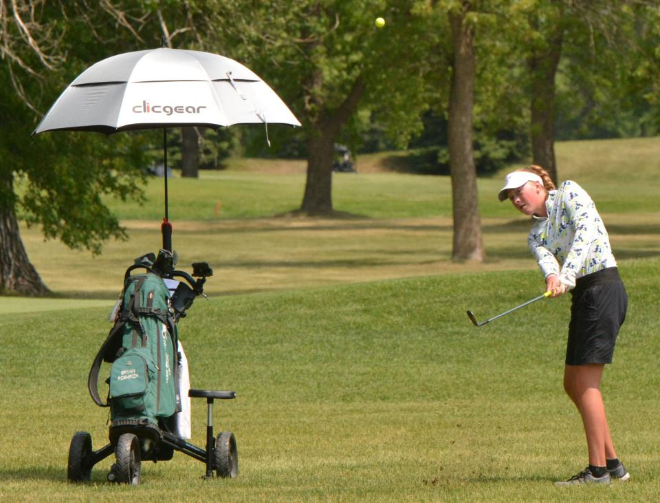 Clark-Willow Lake eighth-grader Brynn Roehrich chips to No. 8 Yellow during the final round of the state Class B high school girls golf tournament on Tuesday, June 6, 2023 at Cattail Crossing Golf Course in Watertown. She finished second in the tourney with a 36-hole total of 156.