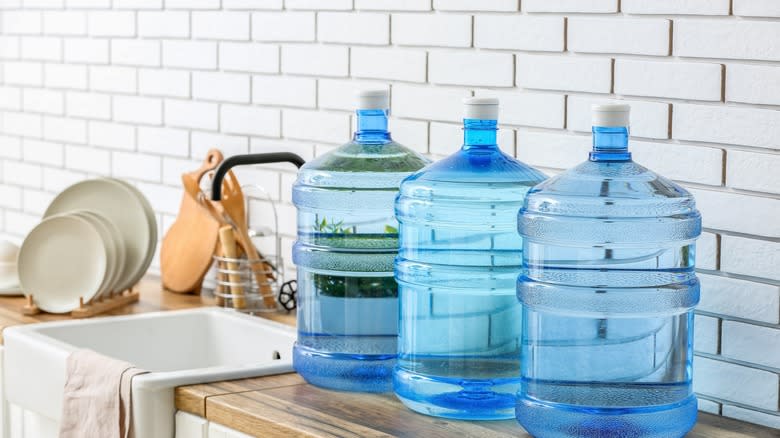 gallon bottled water on counter