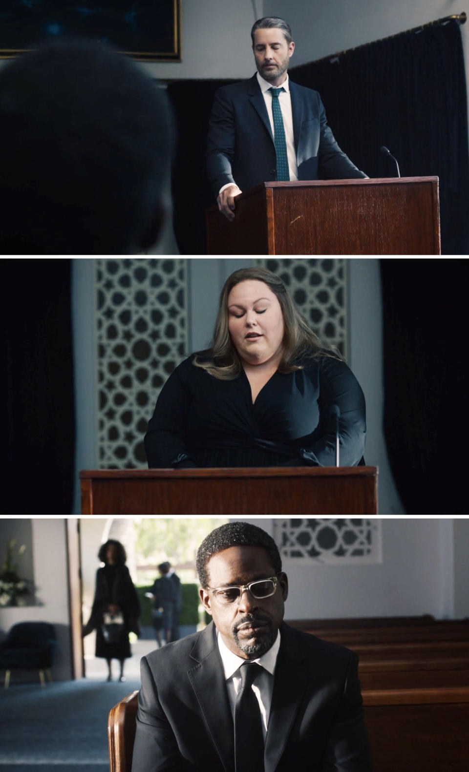 Various characters giving eulogies and sitting in pews during the funeral