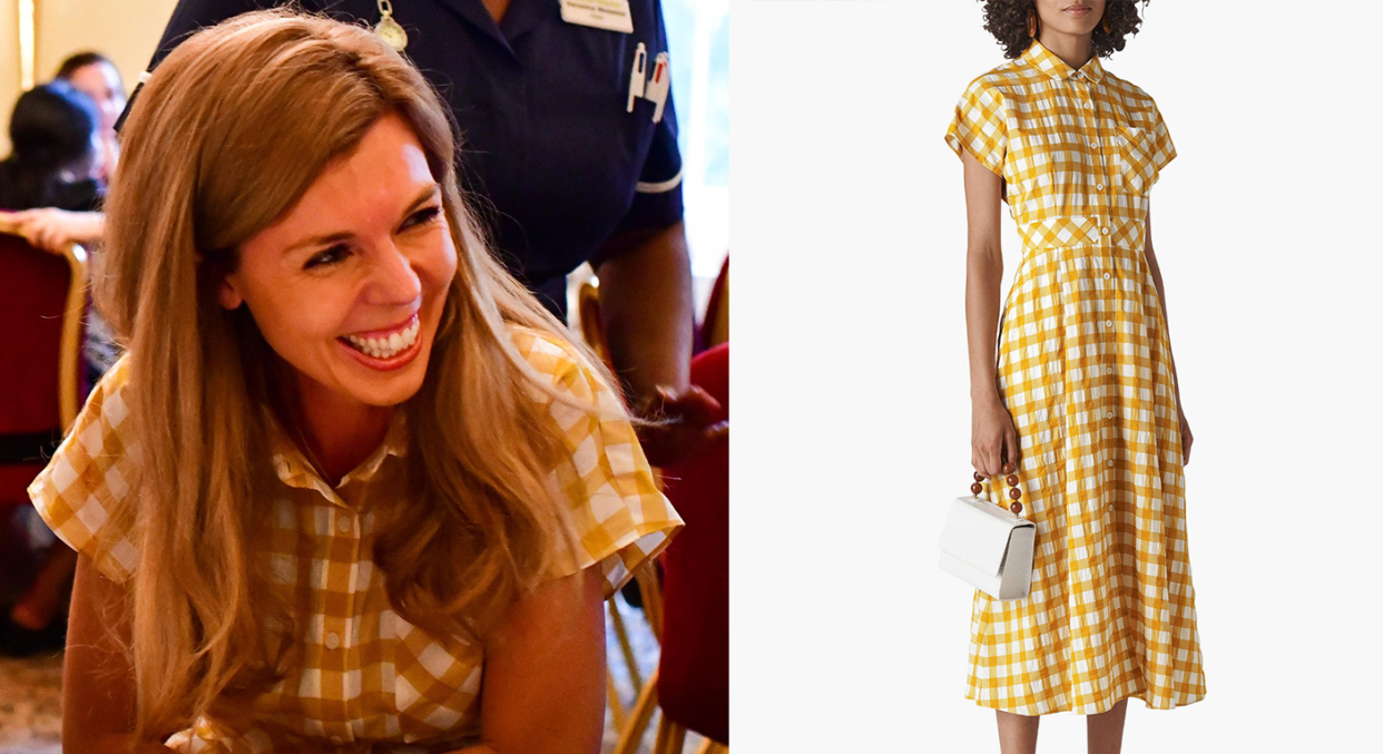 Carrie just wore a summer-ready gingham dress from Whistles [Photo: @10DowningStreet/Press Association Images/ John Lewis]