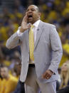 Golden State Warriors coach Mark Jackson yells out instructions as his team plays the Los Angeles Clippers during the first half in Game 3 of an opening-round NBA basketball playoff series, Thursday, April 24, 2014, in Oakland, Calif. (AP Photo/Marcio Jose Sanchez)