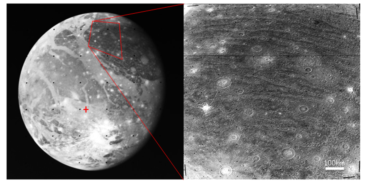 The surface of Ganymede, a moon of Jupiter moon, is covered by furrows (right) that form concentric circles around one specific spot (left, red cross), which led researchers in the 1980s to conclude that they are the results of a major impact event.