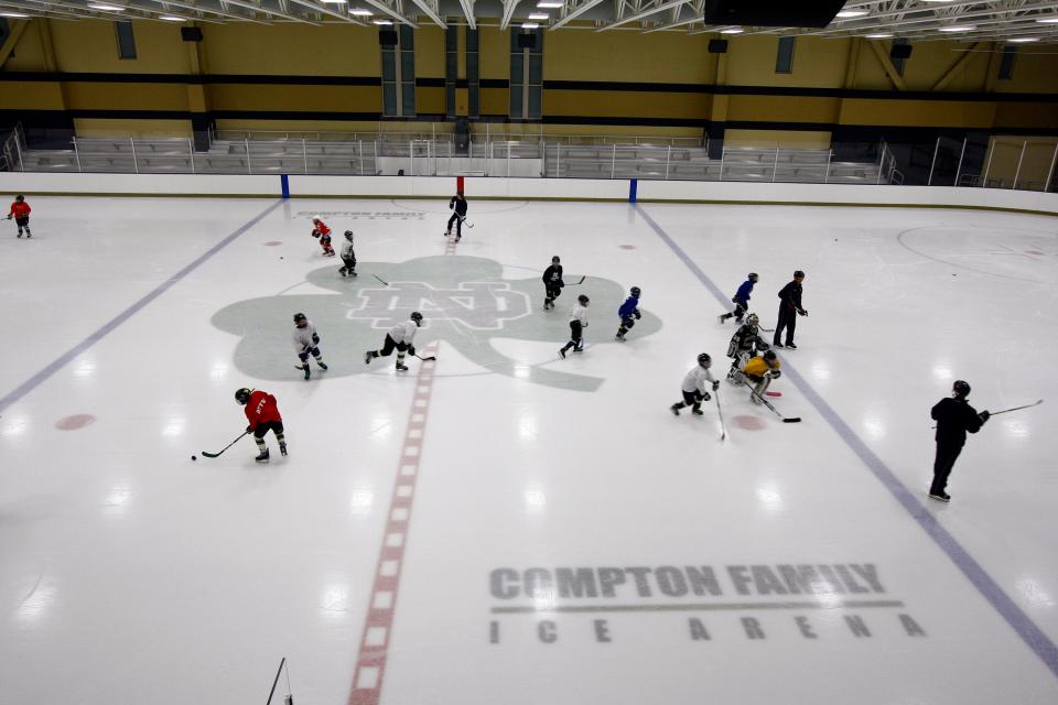 The four ice rinks at Ice Box in South Bend and the Compton Family Ice Arena at Notre Dame, shown, have helped the community attract youth hockey tournaments.