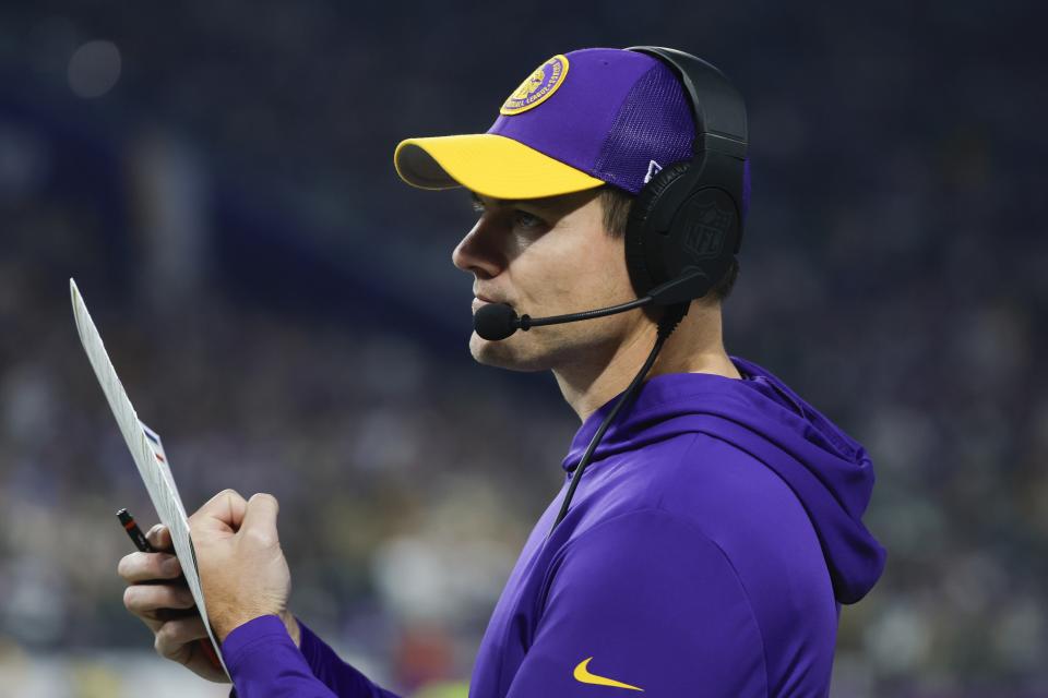 Minnesota Vikings head coach Kevin O'Connell watches during the first half of an NFL football game against the Green Bay Packers Sunday, Dec. 31, 2023, in Minneapolis. (AP Photo/Bruce Kluckhohn)